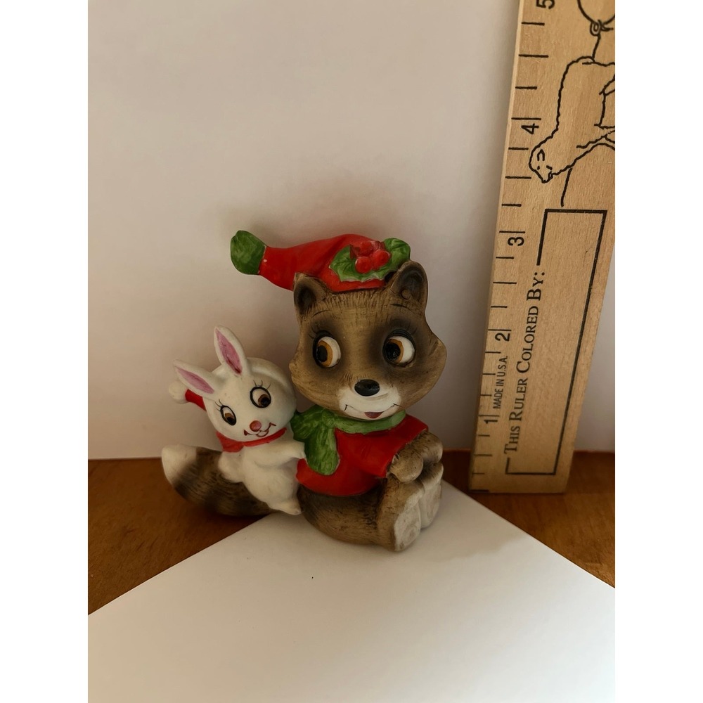 Vintage Christmas‎ Raccoon and Rabbit ceramic figurine